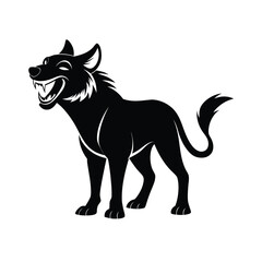 Black silhouette of a hyena with its back arched in a laughing pose