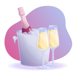 A bottle of champagne in an ice bucket, glasses of sparkling wine. The concept of a winery, restaurant, wine tasting, celebration. Vector illustration for posters, banners, posters, invitations