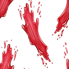 Seamless pattern with watercolor raspberry juice splashes on white background. Perfect for packaging, labels, menus, backgrounds for natural product and drink design.