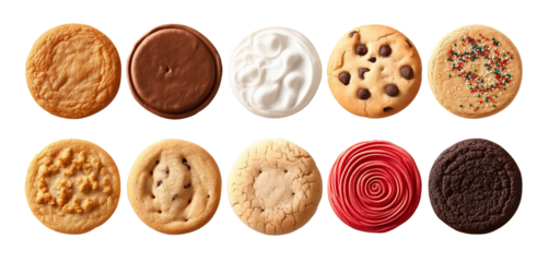 Collection of round cookie cookies biscuit, sprinkle and icing set, on transparent background cutout. PNG file. 