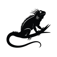 Black silhouette of an iguana perched on a tree branch against a clean white background
