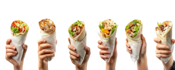 Collection set of hand holding burrito shawarma gyros wrap, different ingredients kebab beef cheese lamb chicken tomato chili vegetable lettuce on transparent cutout PNG. 