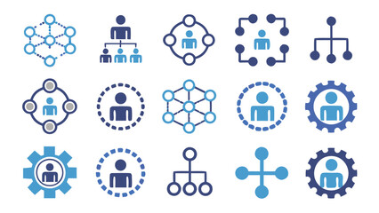 various organizational structure and connection icons in blue tones displayed