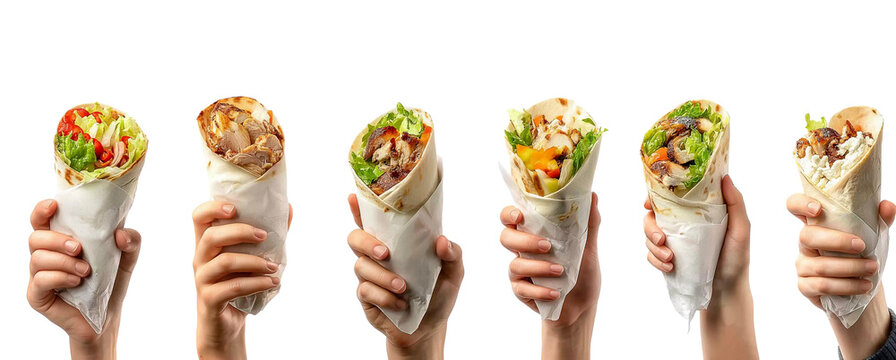 Collection set of hand holding burrito shawarma gyros wrap, different ingredients kebab beef cheese lamb chicken tomato chili vegetable lettuce on transparent cutout PNG. - Powered by Adobe