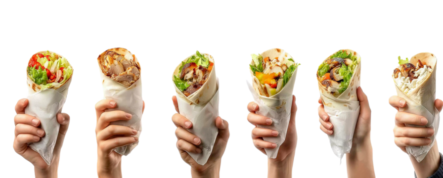 Collection set of hand holding burrito shawarma gyros wrap, different ingredients kebab beef cheese lamb chicken tomato chili vegetable lettuce on transparent cutout PNG. 