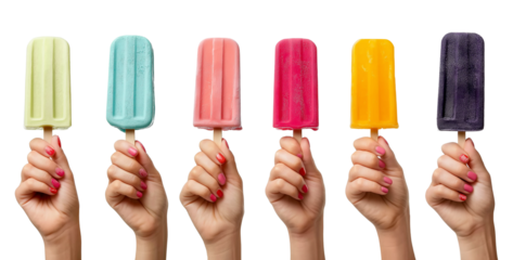 Collection set of hand holding colourful Ice popsicle lolly popsicle lolly ice cream on transparent background cutout, PNG file. 