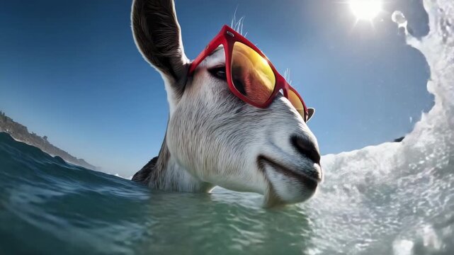 Goat with red reflective shades doing surfing trick on wave crest under sunny sky