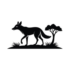 Dynamic black silhouette of a jackal running gracefully through an african savannah landscape