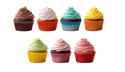 Cupcake muffin with icing frosting on transparent background cutout. PNG file. Many assorted different flavour. 
