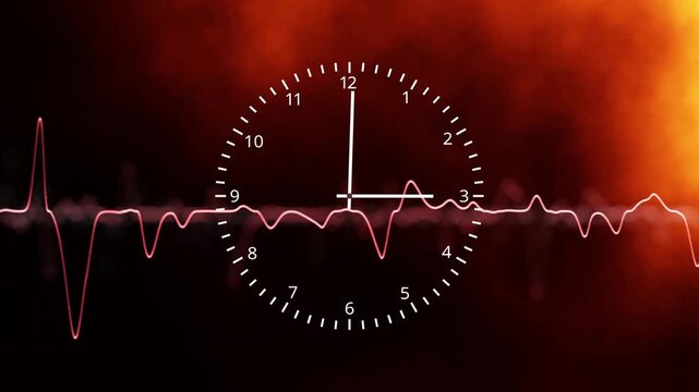 Concept time clock on dark fire cloud smokes with heart beat graphs animation.