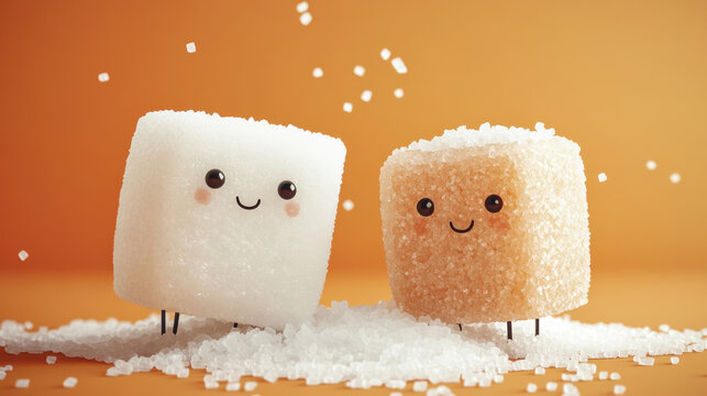 Cute funny happy white and brown cane sugar piece cube character. 3d cartoon character illustration. Isolated on orange background. Sugar cube characters concept. diabetes concept.
