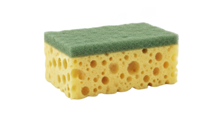 A textured yellow kitchen sponge with a green abrasive scrubbing side isolated on transparent background for cleaning tasks