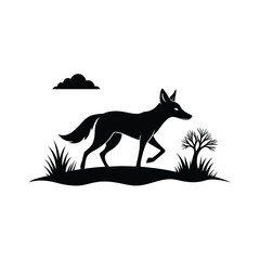 Dynamic black silhouette of a jackal running through a vibrant african savannah landscape