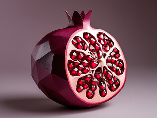 Sliced pomegranate with faceted  seeds in deep red to rose, rind in dusky plum matte. AI-generated