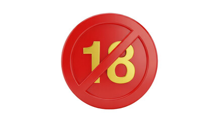 Red circular prohibition sign with the number eighteen and a diagonal line indicating no entry for adults isolated on transparent background