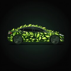 Electric car decorated with green leaves showcases eco-friendly design and innovation in sustainable transportation