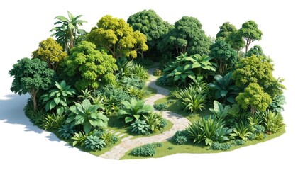 Winding stone path through tropical garden with palm trees, diverse plants, small reflective pond. Serene green oasis offers peaceful nature escape, perfect for travel blogs, wellness retreats,