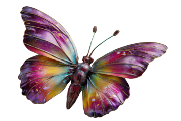 Vibrant iridescent butterfly wings detailed macro shot dark background, isolated on a transparent background