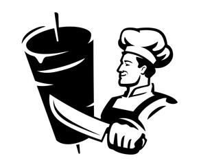 Street fast food. Chef cook prepares kebab in restaurant. Emblem and symbol for restaurant or cafe menu