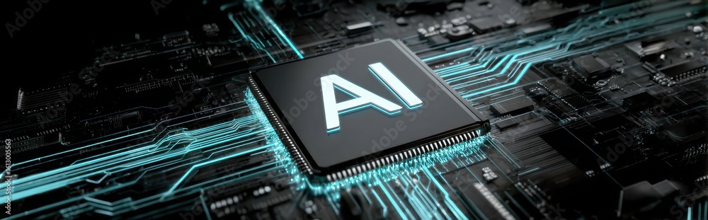 Poster AI concept Artificial Intelligence technology circuit motherboard chip computer design machine deep learning data network analysis futuristic. 