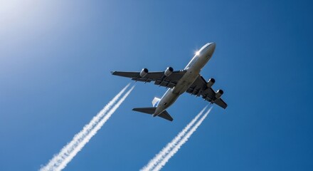 Airplane in flight, contrails against clear blue sky