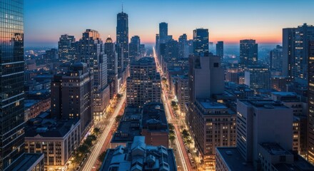 Obraz premium Aerial view of a city street at dawn, skyscrapers lining the thoroughfare