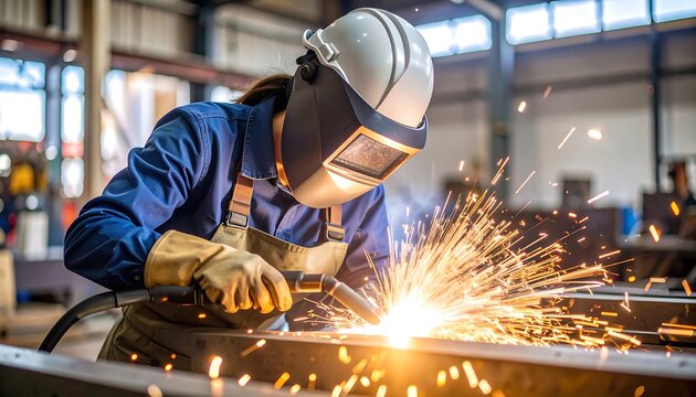 Female welder focused on welding metal sparks