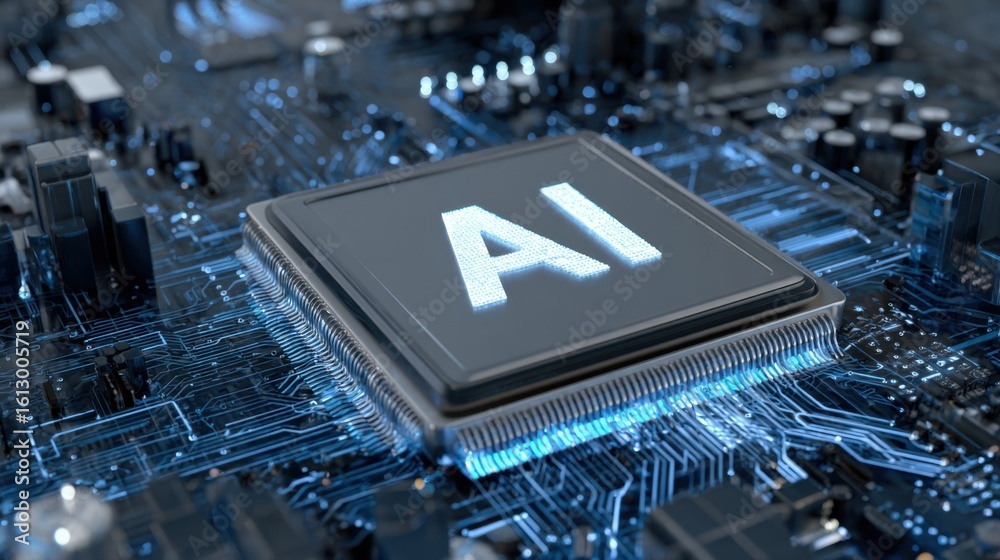 Poster modern technology showcases ai processor on a circuit board highlighting advancements in artificial 