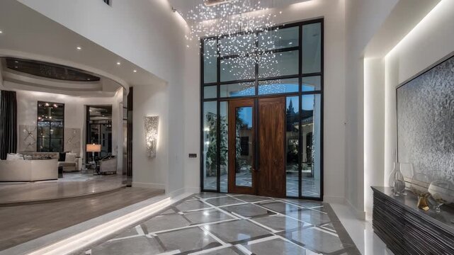 Grand entryway with geometric floor tiles, oversized pivot door, art lighting and a crystal statement chandelier,