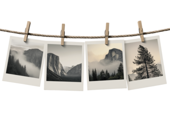 4 Polaroid photos hanging on a rope with a clothesline, against a white background