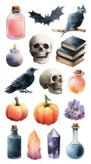 Unique collection of Halloween elements including skulls, potions, and pumpkins set against a white background