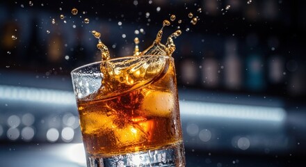 Amber liquor glass, splash of liquid, ice cubes