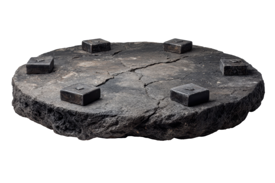 Dark stone platform with metal cubes a mysterious scene,, isolated on a transparent background