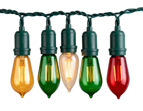 Vintage Glass Christmas Lights with Tinted Bulbs and Woven Cord, Side View, Transparent PNG .