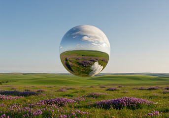 Reflective Sphere in a Vibrant Green Meadow Landscape Under a Clear Sky: A Surreal Artistic Composition