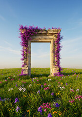 Enchanted Stone Archway in a Vibrant Wildflower Meadow under a Serene Sky
