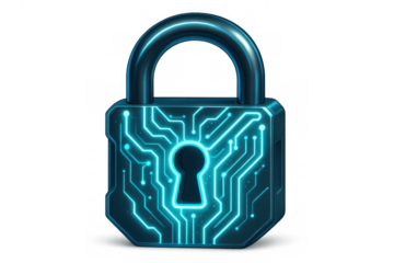 Digital padlock illuminating complex electronic circuits, representing cutting-edge network security against cyber threats on transparent backdrop