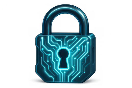 Digital padlock illuminating complex electronic circuits, representing cutting-edge network security against cyber threats on transparent backdrop - Powered by Adobe