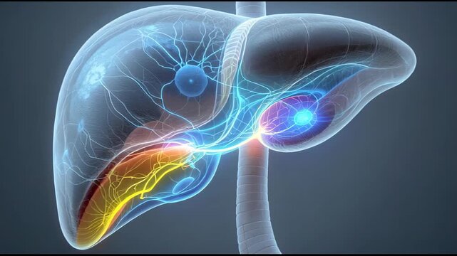 Visualization of the human liver and gallbladder system highlighting active internal processes and vital organ functionality