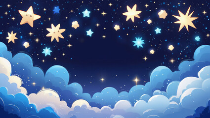 Whimsical starry sky with radiant flare stars and sparkles on navy background. Ideal for storybook illustrations, dreamy themes, and celestial graphics.
