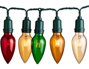 A set of vintage-style Christmas lights featuring tinted glass bulbs (amber, green.