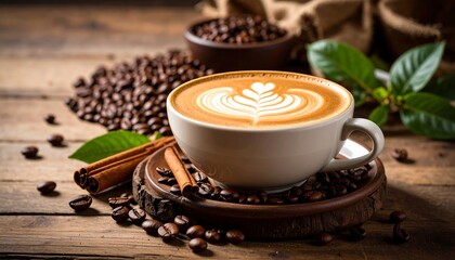Latte art in a large mug, surrounded by coffee beans and cinnamon sticks on a rustic wooden surface