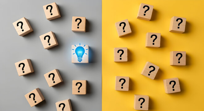 Creative idea and innovation concept. Light bulb glowing among question mark wood blocks, problem solving and solution.