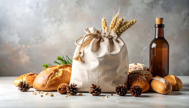 Freshly Baked: A rustic scene of assorted, freshly baked bread and rolls artfully arranged, alongside a bag of flour and a bottle. - Powered by Adobe
