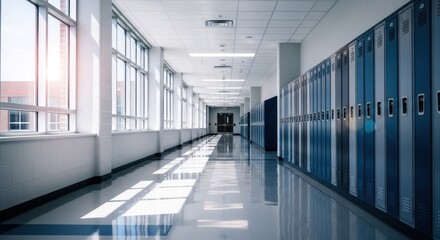 Bright school hallway with lockers