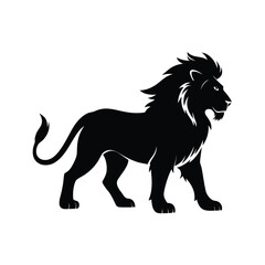 Majestic male lion walking in profile black silhouette graphic design element