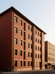 Multi-story brick building with uniform windows and a flat roof, situated in an urban setting.