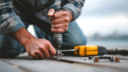 A man kneeling on a wooden floor, using a drill to make a hole in a wooden plank.