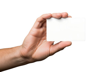 Male hand holding a blank white plastic card or business card. Isolated on transparent background, png