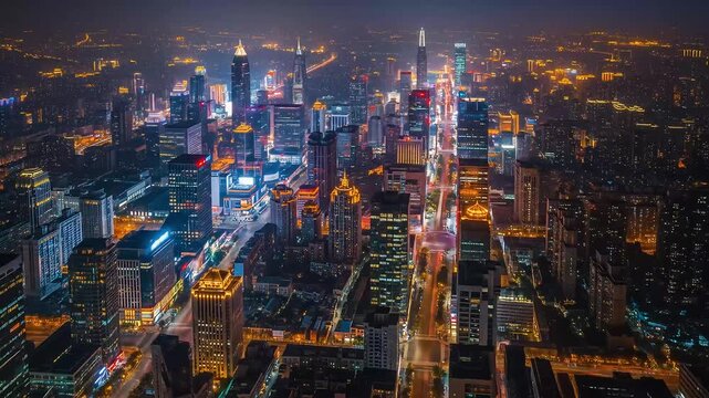 Aerial Night View of a City Illuminated with Golden and White Lights and Roads